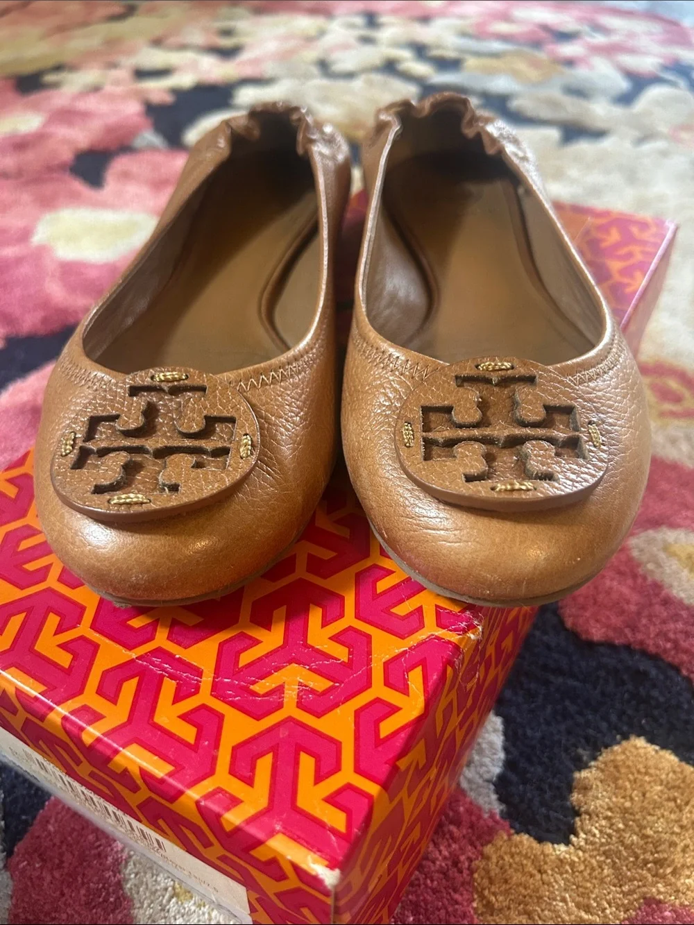 Tory Burch Reva Tan Leather Logo Ballet Flats